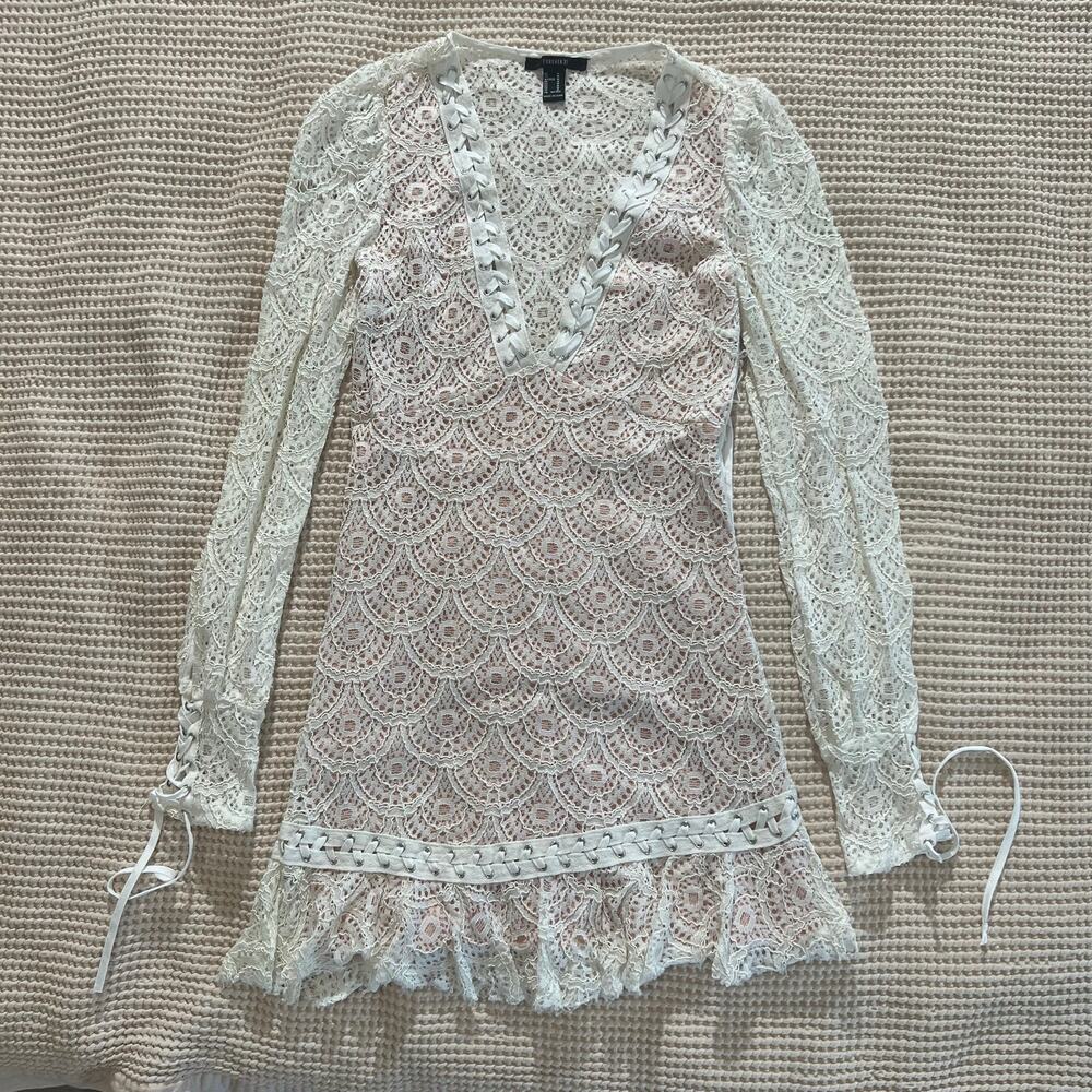 Forever 21 White Lace Mini Dress Women’s Medium Long Sleeve Boho Coquette